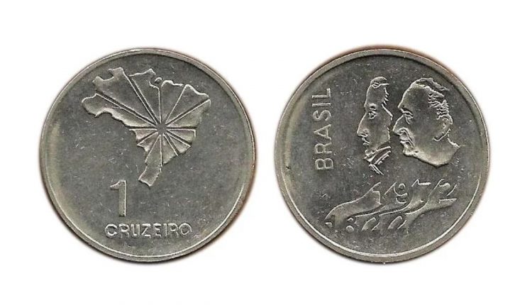 Moeda de 1 cruzeiro de 1972 com mapa do Brasil e figuras históricas