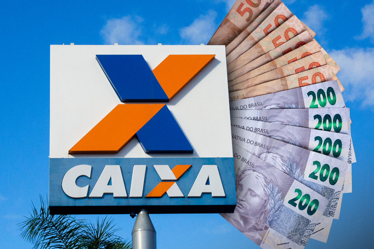 Logo da CAIXA e cédulas de R$200, simbolizando o saque especial.