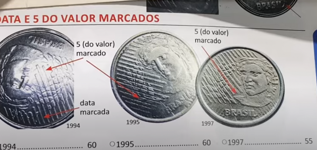 Moeda de 5 centavos com detalhes duplicados e erro raro de cunhagem