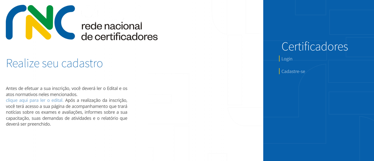 Tela do site da Rede Nacional de Certificadores para realizar inscrição