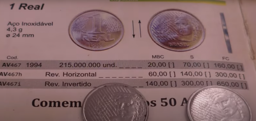 Imagem mostrando o catálogo de moedas, destacando a moeda de 1 Real de 1994 e seus valores de mercado.