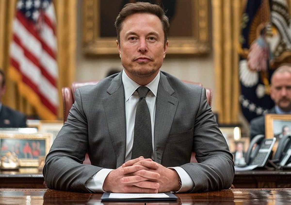 Elon Musk usando terno, em um ambiente de escritório