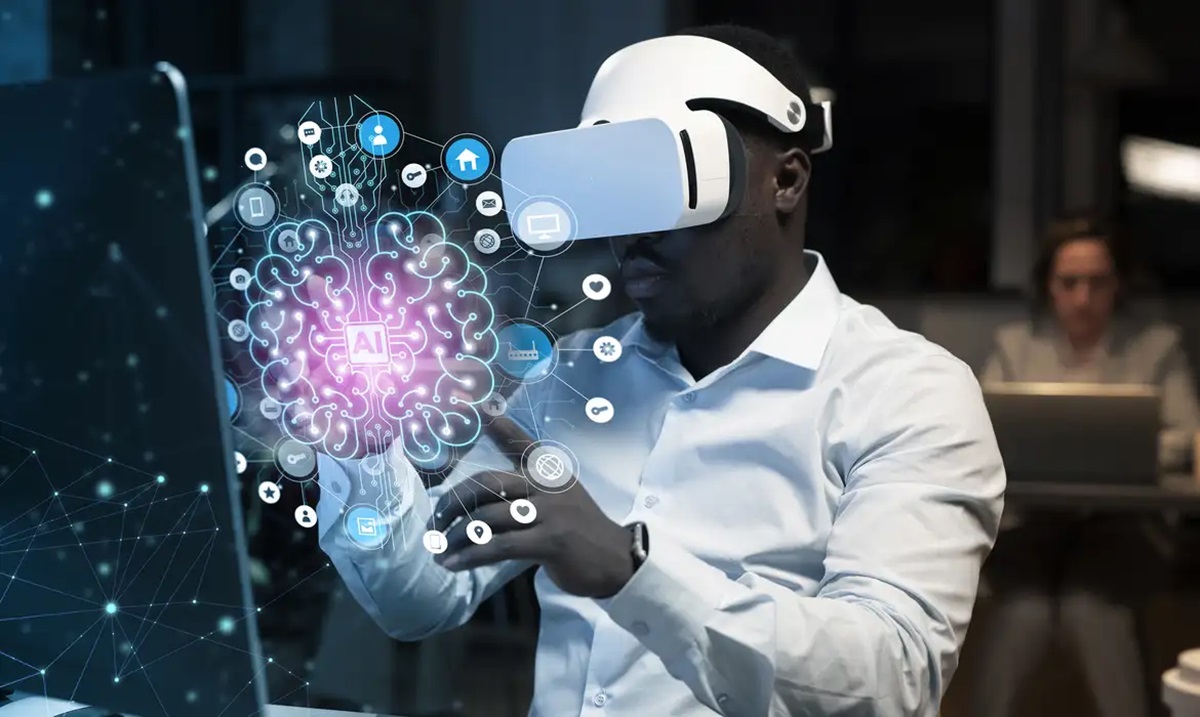 Profissional usando óculos de realidade virtual com projeções de inteligência artificial