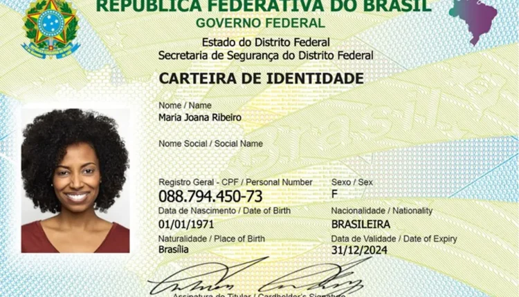 Exemplo de Carteira de Identidade Nacional brasileira (RG) com foto e dados pessoais.