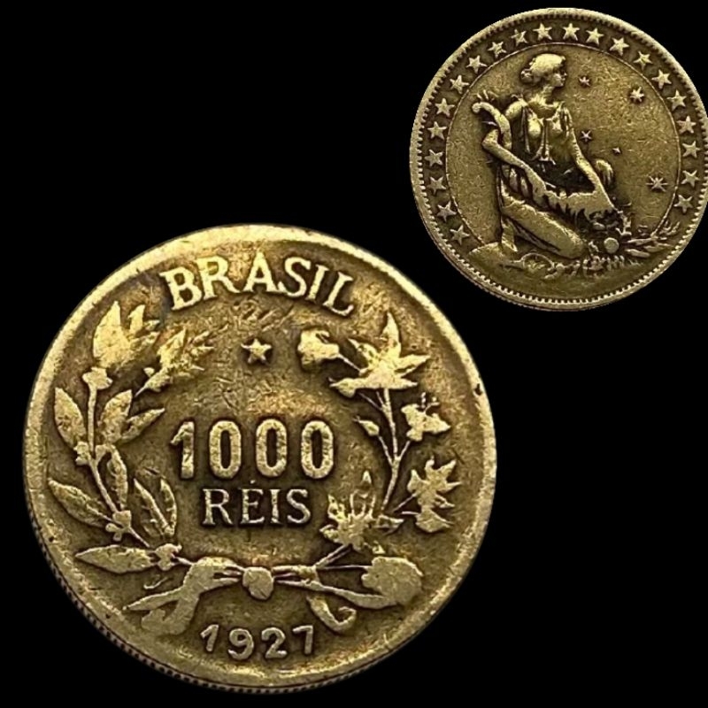 Moeda antiga de 1000 réis do Brasil com data 1927 e detalhes visíveis