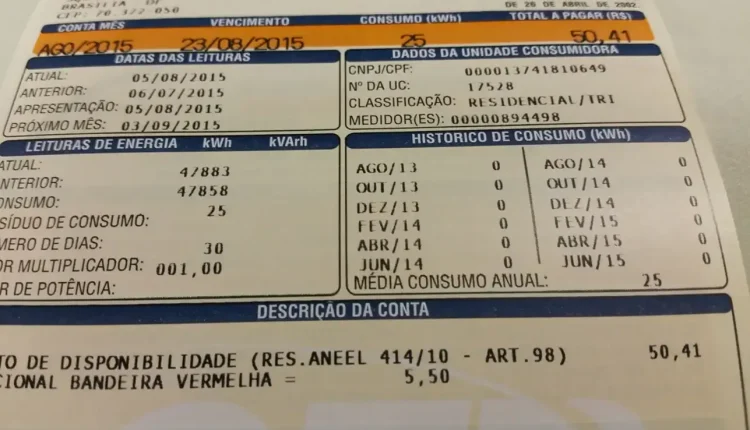 Fatura de conta de energia elétrica com detalhamento de consumo e bandeira vermelha.