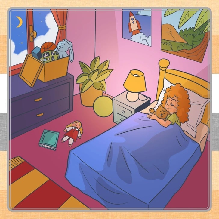 Desafio da percepção com uma menina dormindo em quarto infantil colorido, com brinquedos e pôsteres, e um sapo escondido na cena.