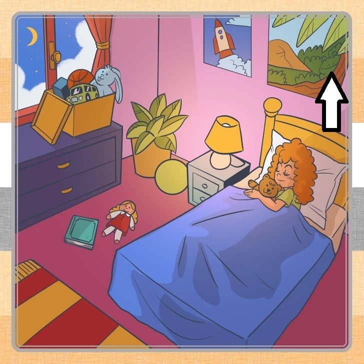 Desafio da percepção com uma menina dormindo em quarto infantil colorido, com brinquedos e pôsteres, e um sapo escondido na cena.