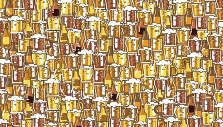 Desafio da percepção com um troféu escondido entre copos e garrafas de cerveja