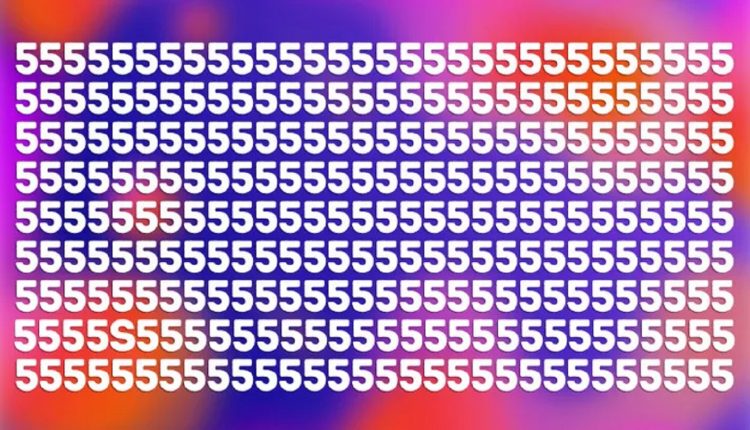 Desafio lógico com repetição do número 5 em uma formação densa, sobre um fundo de cores vibrantes como roxo e laranja.