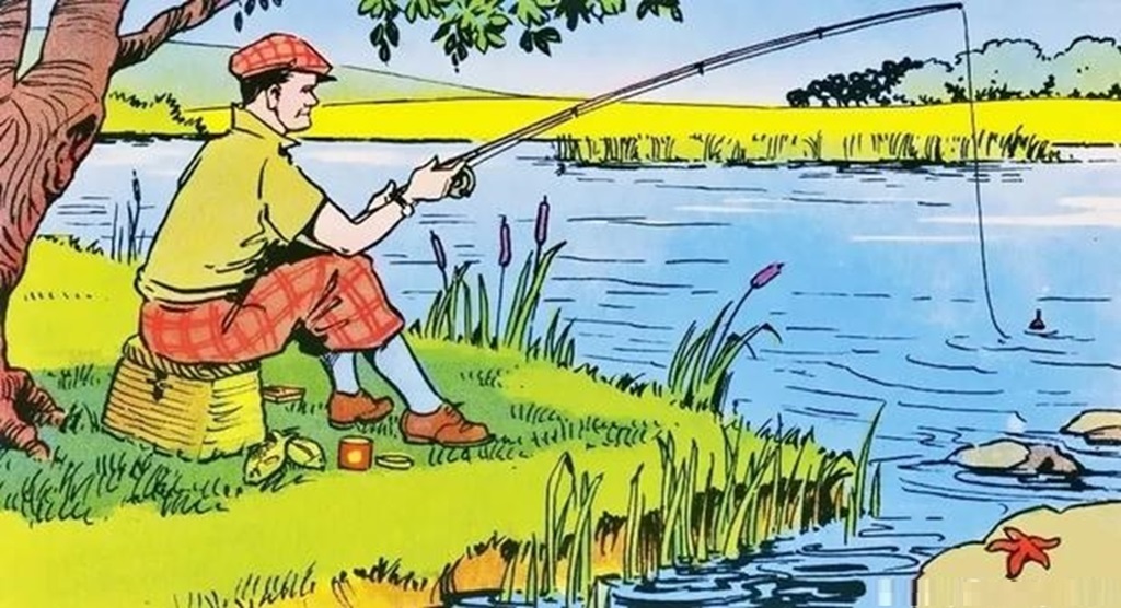 Desafio lógico com um Homem pescando à beira de um rio em uma ilustração colorida de cena campestre.