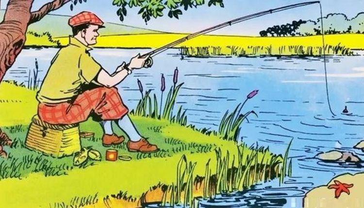 Desafio lógico com um Homem pescando à beira de um rio em uma ilustração colorida de cena campestre.