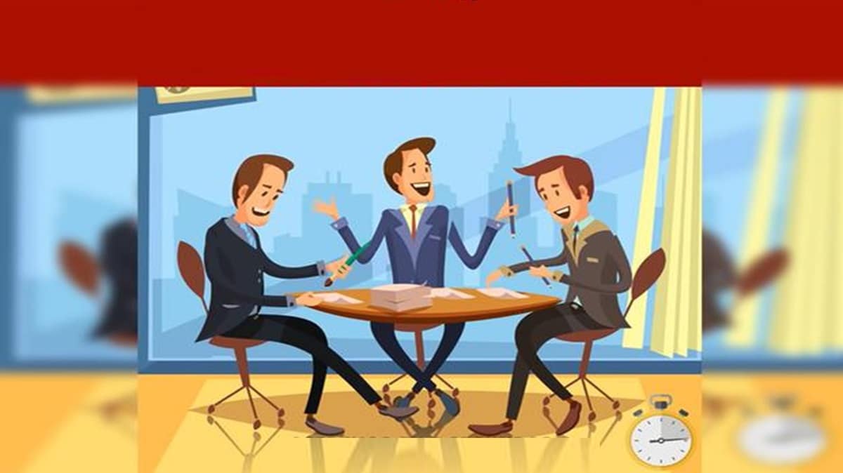 Ilustração de três homens de negócios rindo em uma reunião com um detalhe visual incorreto