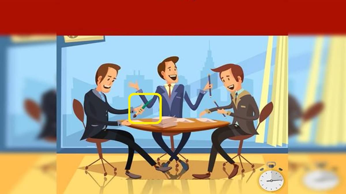 Solução do desafio lógico com uma ilustração de três homens de negócios rindo em uma reunião com um detalhe visual incorreto.