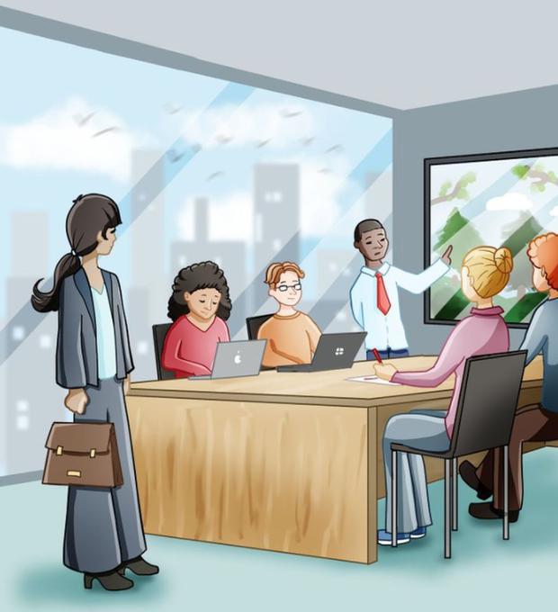 Desafio lógico com um grupo de profissionais em reunião, com uma mulher entrando na sala de conferências, enquanto um homem apresenta no quadro. Todos estão usando laptops e tomando notas