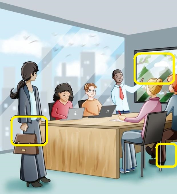 Solução do desafio lógico com um grupo de profissionais em reunião, com uma mulher entrando na sala de conferências, enquanto um homem apresenta no quadro. Todos estão usando laptops e tomando notas