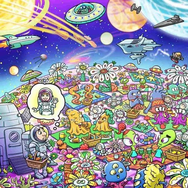 Desafio visual com desenho colorido de astronauta em planeta alienígena cercado por flores e criaturas espaciais