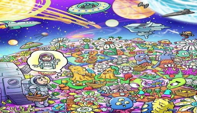 Desafio visual com desenho colorido de astronauta em planeta alienígena cercado por flores e criaturas espaciais