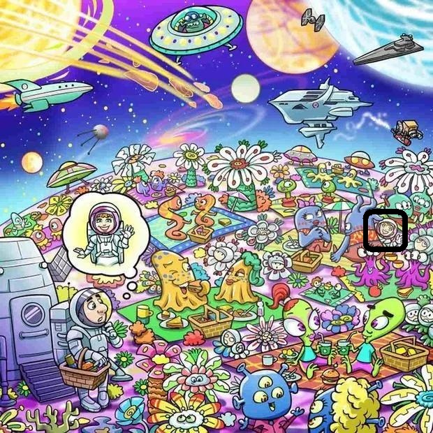 Desafio visual com desenho colorido de astronauta em planeta alienígena cercado por flores e criaturas espaciais