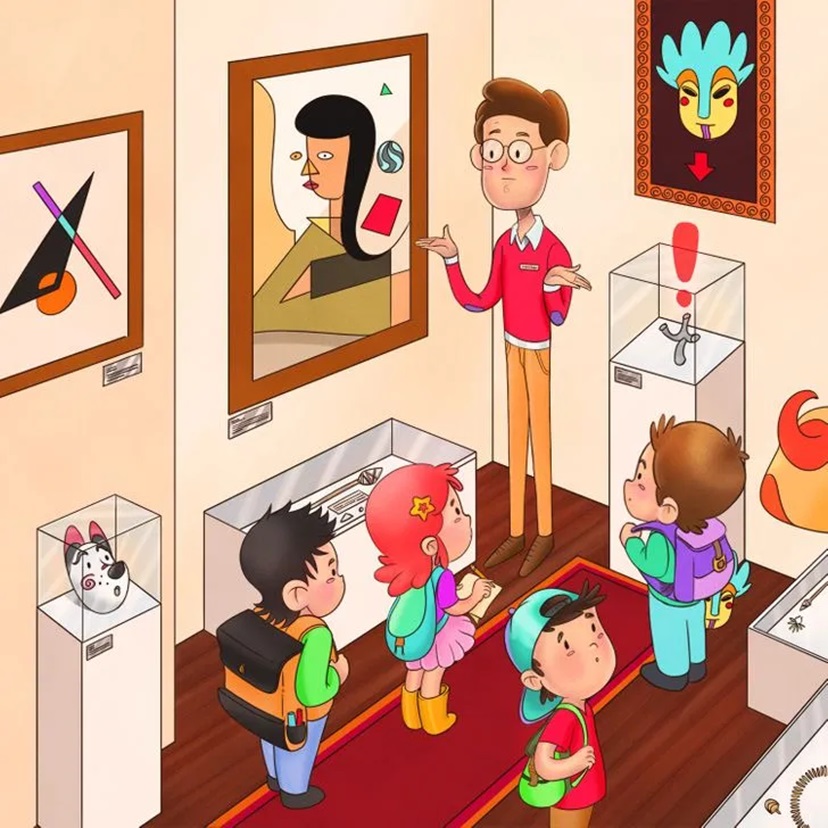 Desafio visual com crianças em visita escolar observam obras de arte em museu com guia explicando