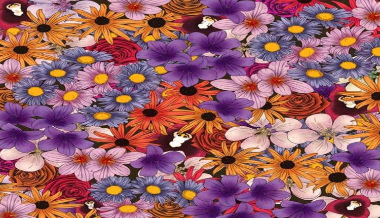 Teste de QI com uma ilustração colorida de muitas flores diversas, incluindo violetas, margaridas e rosas, em meio às quais está escondido um macaco.