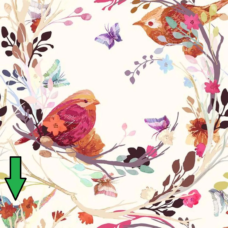 Solução do desafio visual com imagem de uma cena floral com dois pássaros coloridos e flores ao fundo, com destaque para um pássaro verde no centro.