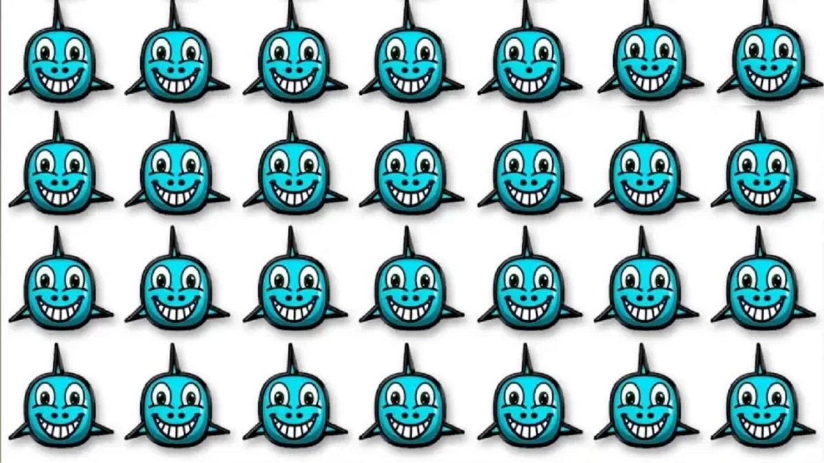 Desafio visual com vários tubarões azuis sorridentes em um padrão, com um tubarão diferente entre eles.