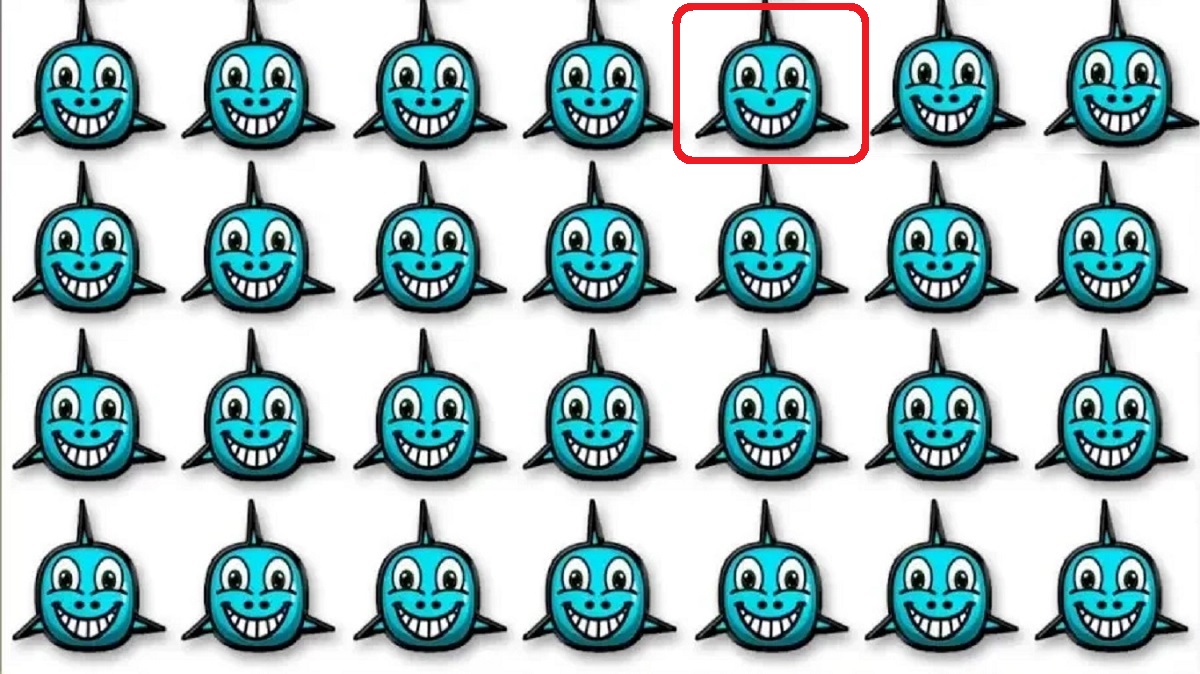 Desafio visual com vários tubarões azuis sorridentes em um padrão, com um tubarão diferente entre eles.