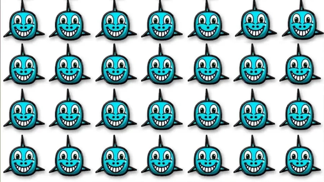 Desafio visual com vários tubarões azuis sorridentes em um padrão, com um tubarão diferente entre eles.