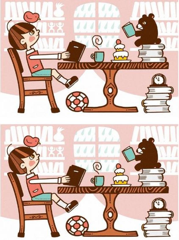 Desafio visual com um desenho de menina e urso lendo em lados opostos da mesa com sete diferenças visuais entre as duas versões da imagem.