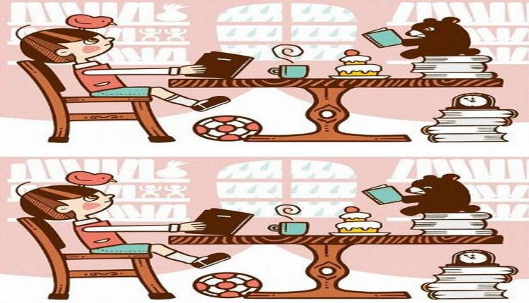 Desafio visual com um desenho de menina e urso lendo em lados opostos da mesa com sete diferenças visuais entre as duas versões da imagem.