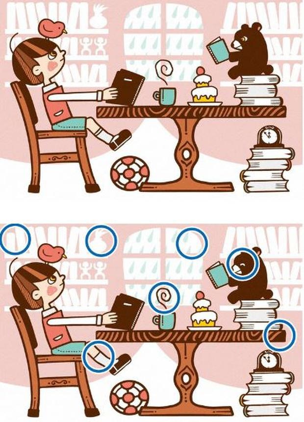 Desafio visual com um desenho de menina e urso lendo em lados opostos da mesa com sete diferenças visuais entre as duas versões da imagem.