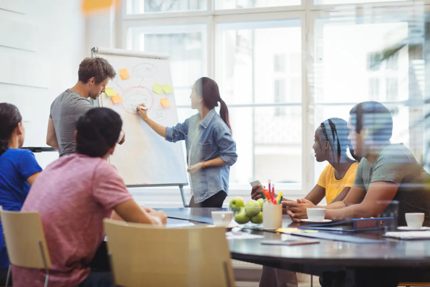 Grupo de jovens colaborando em um projeto com apresentação em flip chart.