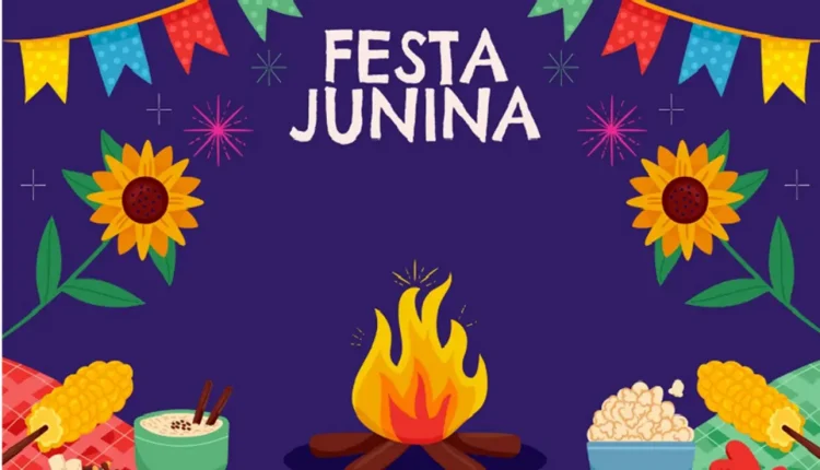 Decoração típica de festa junina com bandeirolas coloridas, fogueira e comidas tradicionais.