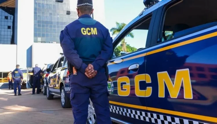 Guardas municipais em frente a viaturas com o logo GCM, representando a segurança pública.
