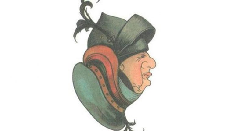Ilustração com ilusão de ótica mostrando capacete de cavaleiro e rosto escondido sorridente.