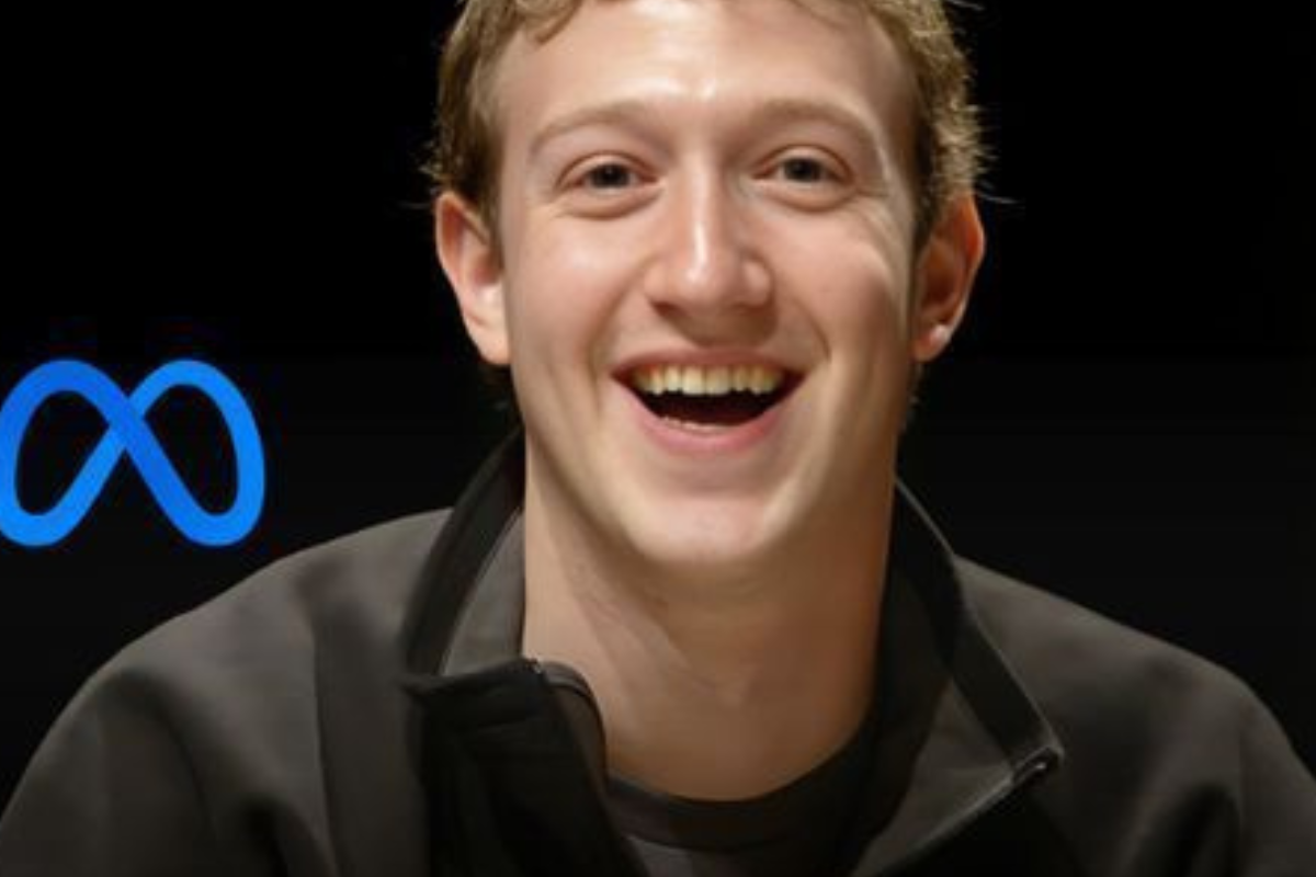 Mark Zuckerberg sorrindo com símbolo de Meta ao fundo.