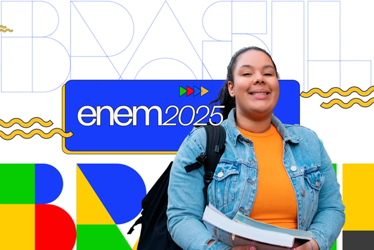 Imagem ilustrativa do Enem 2025 com estudante sorrindo e logo do exame.