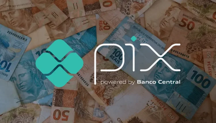Logotipo do PIX sobre notas de real, representando a transferência de R$ 150.
