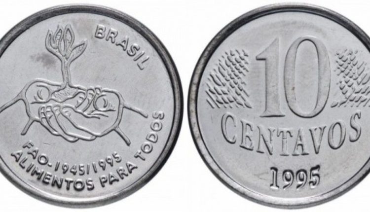 Moeda de 10 centavos FAO de 1995 com design comemorativo, com inscrição "FAL alimentos para todos".