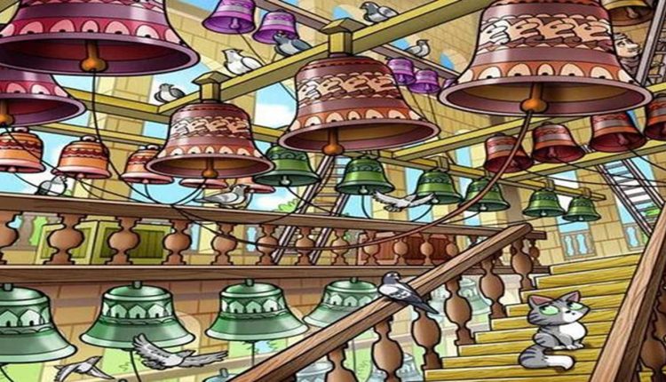 Teste de QI com sinos coloridos, escadaria, pombos e um homem escondido no fundo.