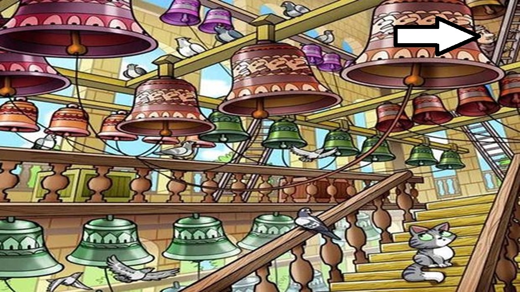 Solução do teste de QI com sinos coloridos, escadaria, pombos e um homem escondido no fundo.