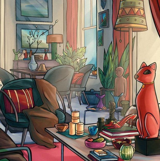 Teste de QI Sala decorada com estilo artístico, cheia de plantas, objetos coloridos e uma escultura de gato vermelho em destaque.