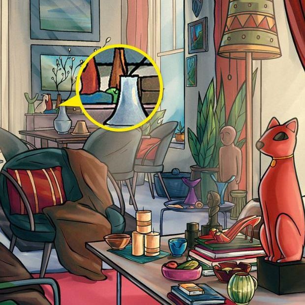 Solução do teste de QI Sala decorada com estilo artístico, cheia de plantas, objetos coloridos e uma escultura de gato vermelho em destaque.
