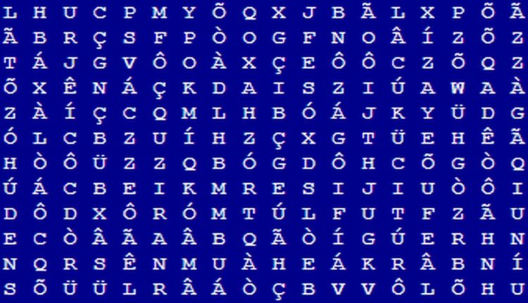 teste visual com a imagem de uma sopa de letras com palavras relacionadas ao corpo humano, como boca e nariz, para encontrar.