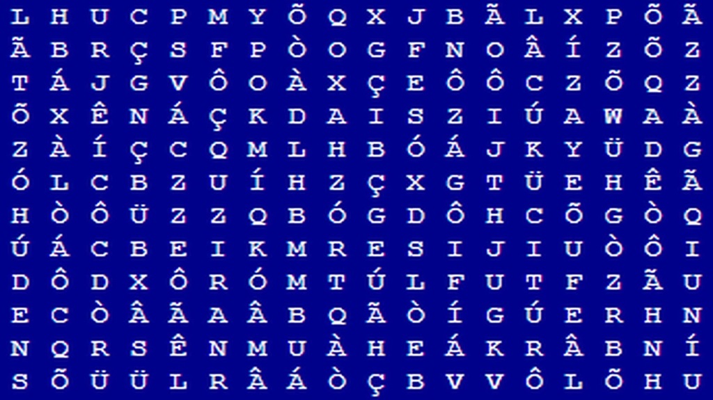 Imagem de uma sopa de letras com palavras relacionadas ao corpo humano, como boca e nariz, para encontrar