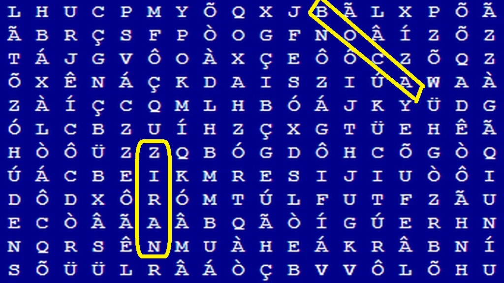 Solução do teste visual com a imagem de uma sopa de letras com palavras relacionadas ao corpo humano, como boca e nariz, para encontrar.