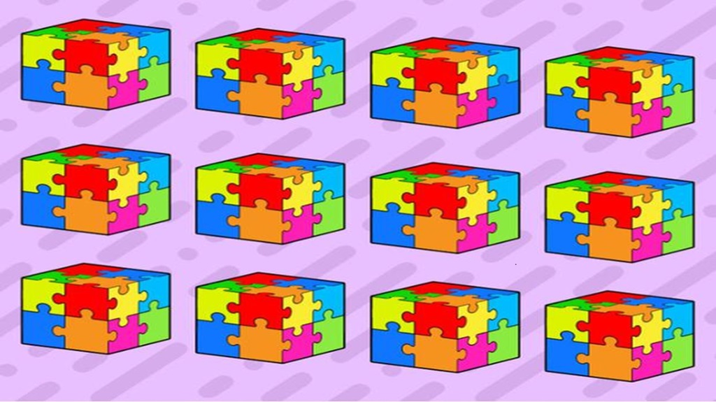 Imagem com múltiplos cubos de quebra-cabeça coloridos, com uma variação de padrão em um dos cubos.