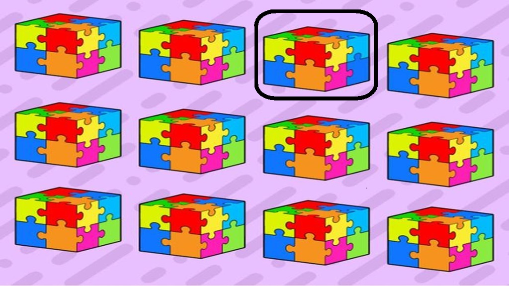 teste Solução do teste de QI com múltiplos cubos de quebra-cabeça coloridos, com uma variação de padrão em um dos cubos.de QI encontre o cubo diferente solução