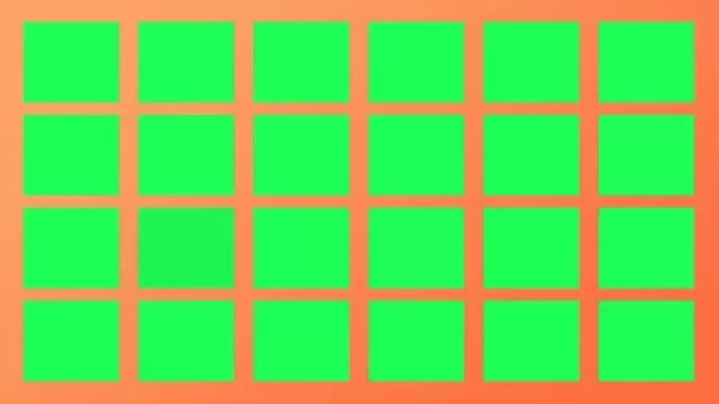 Imagem de um teste visual com vários quadrados verdes e um único quadrado de cor diferente em um fundo laranja